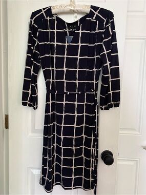 AUW Navy and White Grid Wrap-Style Long Sleeve Dress